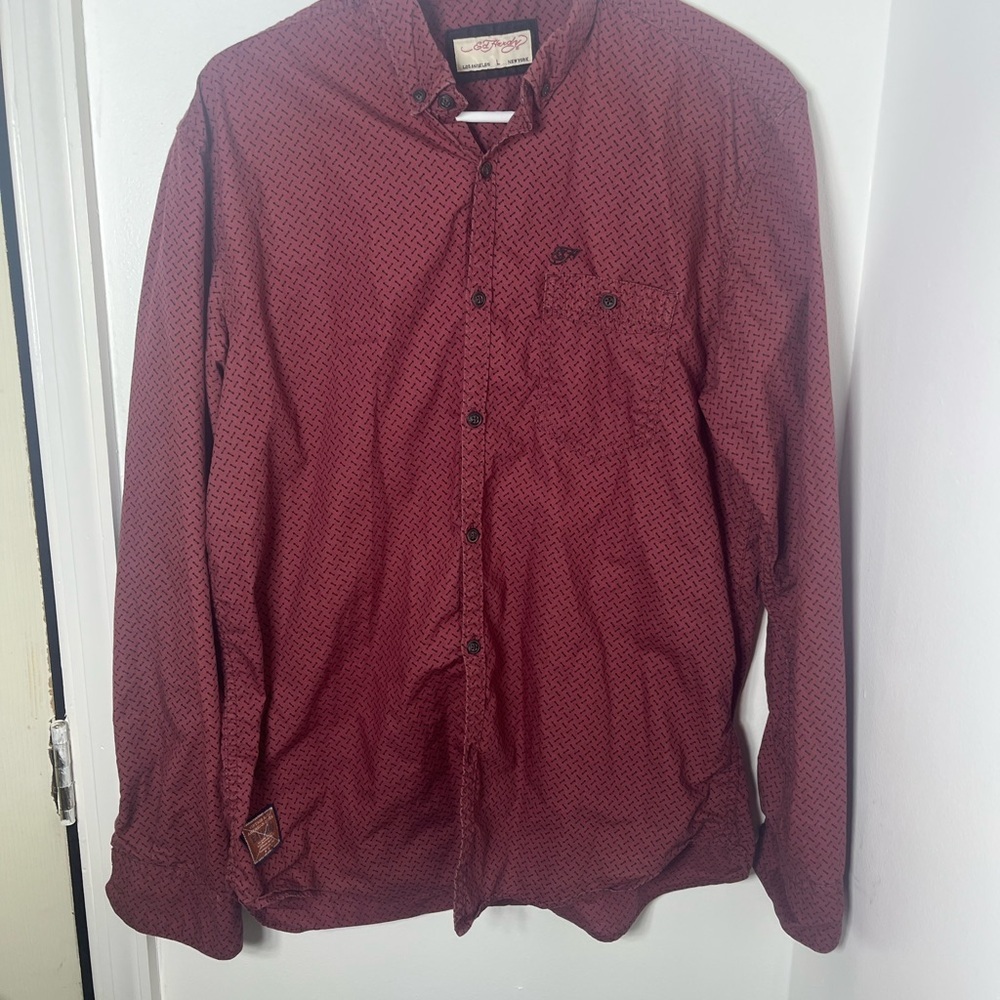 Ed Hardy Men’s Button Down Shirt Red Patterned Long Sleeve Size Large
